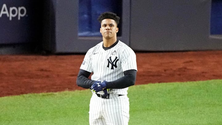 Oct 28, 2024; New York, New York, USA; New York Yankees outfielder Juan Soto (22) reacts after grounding out during the third inning against the Los Angeles Dodgers in game three of the 2024 MLB World Series at Yankee Stadium.