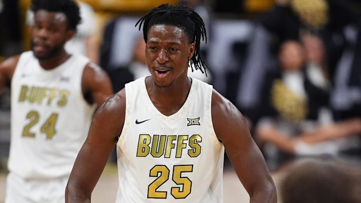 Feb 1, 2026; Boulder, Colorado, USA; Colorado Buffaloes center Fawaz Ifaola (25) reacts to a play in the first half against Texas Christian University Horned Frogs at the CU Events Center. Mandatory Credit: Ron Chenoy-Imagn Images