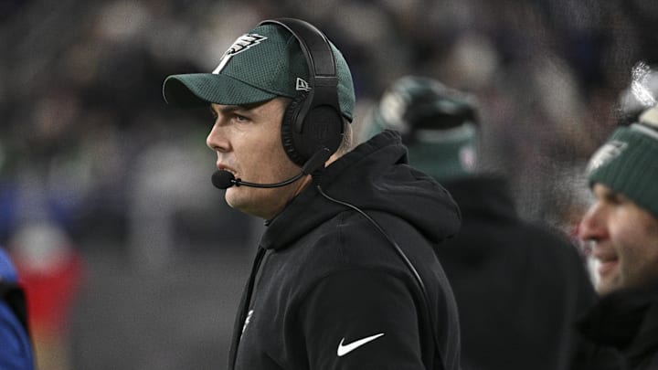 Philadelphia Eagles offensive coordinator Kellen Moore on the sidelines during the first half against the Baltimore Ravens