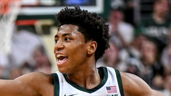 Michigan State's Jeremy Fears Jr. signals for the shot to cut after drawing a foul against Indiana during the first half on Tuesday, Jan. 13, 2026, at the Breslin Center in East Lansing.