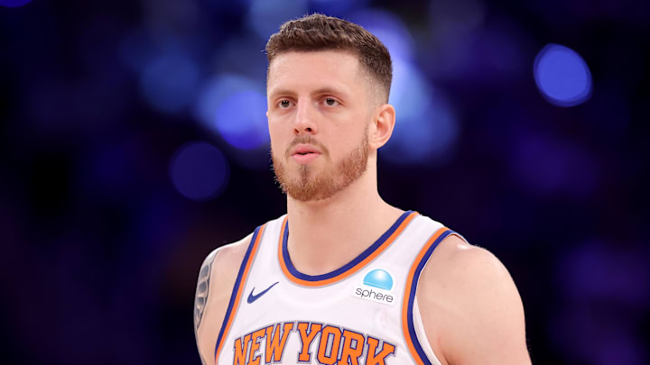 May 19, 2024; New York, New York, USA; New York Knicks center Isaiah Hartenstein (55) reacts during the third quarter of game seven of the second round of the 2024 NBA playoffs against the Indiana Pacers at Madison Square Garden. Mandatory Credit: Brad Penner-Imagn Images