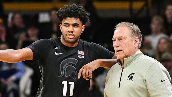 Mar 6, 2025; Iowa City, Iowa, USA; Michigan State Spartans head coach Tom Izzo talks with guard Jase Richardson (11) during the first half against the Iowa Hawkeyes at Carver-Hawkeye Arena. Mandatory Credit: Jeffrey Becker-Imagn Images