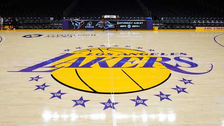 Los Angeles Lakers logo at Staples Center.