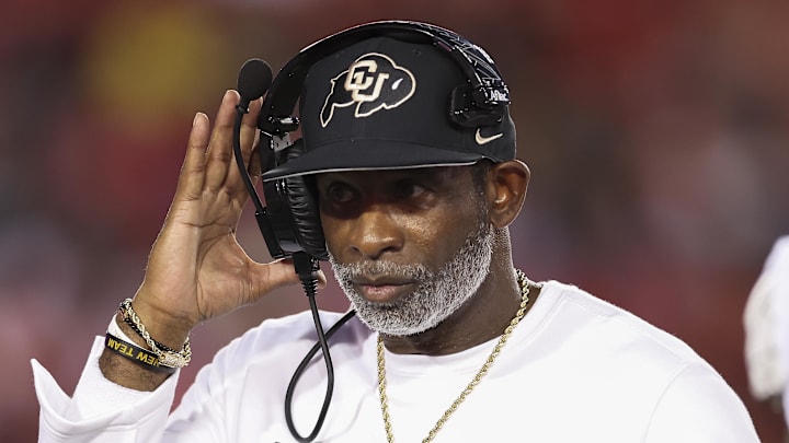 Sep 12, 2025; Houston, Texas, USA; Colorado Buffaloes head coach Deion Sanders reacts during the second quarter against the Houston Cougars at TDECU Stadium. Mandatory Credit: Troy Taormina-Imagn Images