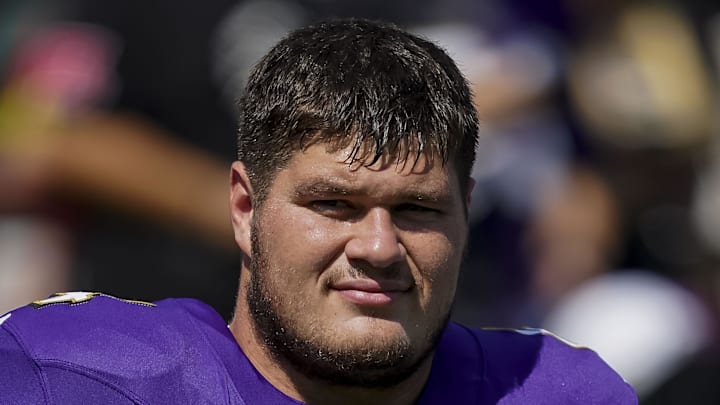 Sep 14, 2025; Baltimore, Maryland, USA; Baltimore Ravens center Tyler Linderbaum (64) before the game against the Cleveland Browns at M&T Bank Stadium. Mandatory Credit: Mitch Stringer-Imagn Images