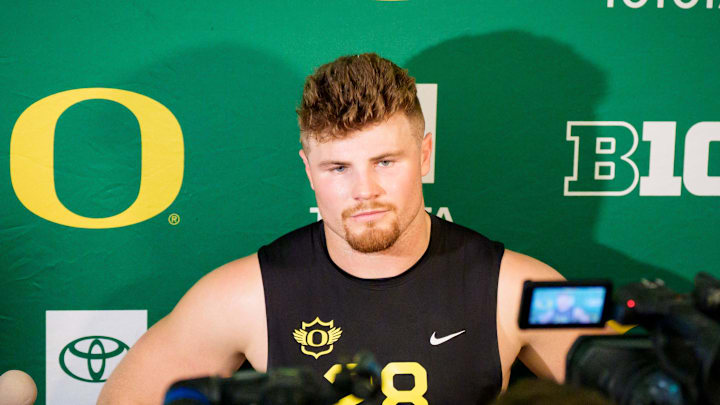 Oregon inside linebacker Bryce Boettcher speaks to reporters during Oregon Pro Day on March 17, 2026, at the Moshofsky Center in Eugene, Oregon. 