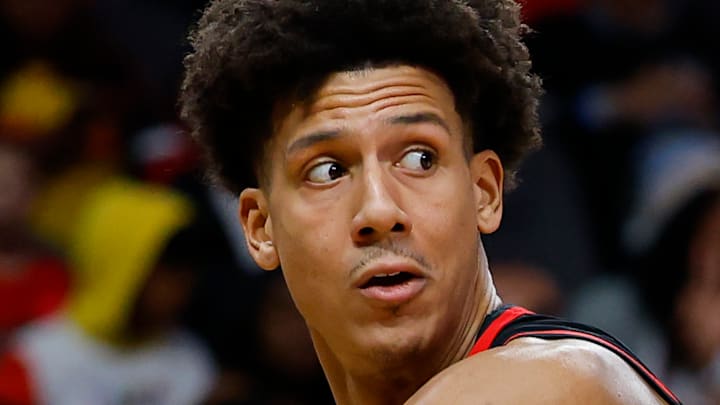 Jalen Johnson #1 of the Atlanta Hawks looks to pass against the Miami Heat.
