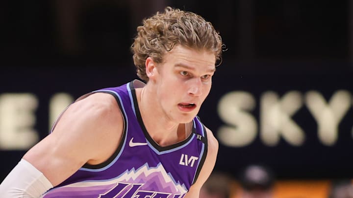 Feb 5, 2026; Atlanta, Georgia, USA; Utah Jazz forward Lauri Markkanen (23) dribbles against the Atlanta Hawks in the third quarter at State Farm Arena. Mandatory Credit: Brett Davis-Imagn Images
