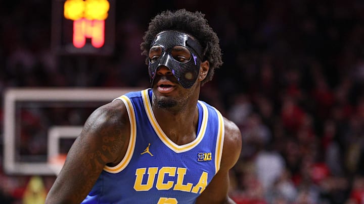 Jan 13, 2025; Piscataway, New Jersey, USA; UCLA Bruins guard Eric Dailey Jr. (3) dribbles during the first half against the Rutgers Scarlet Knights at Jersey Mike's Arena. Mandatory Credit: Vincent Carchietta-Imagn Images