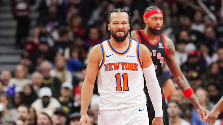 Dec 9, 2025; Toronto, Ontario, CAN; New York Knicks guard Jalen Brunson (11) reacts to a call during the second half against the Toronto Raptors during the 2025-26 NBA Emirates Cup at Scotiabank Arena. Mandatory Credit: Kevin Sousa-Imagn Images Dec 9, 2025; Toronto, Ontario, CAN; New York Knicks guard Jalen Brunson (11) reacts to a call during the second half against the Toronto Raptors during the 2025-26 NBA Emirates Cup at Scotiabank Arena. Mandatory Credit: Kevin Sousa-Imagn Images