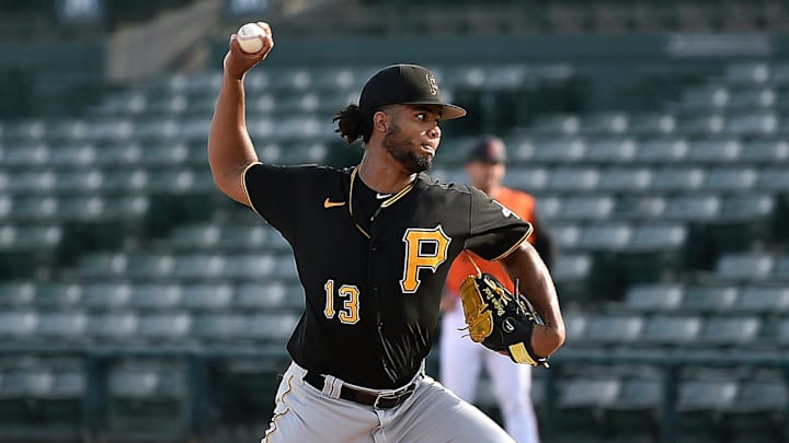 (FCL) Pirates' Wilber Dotel, pitching. The Florida Complex League (FCL) Orioles played their first night game against the (FCL) Pirates at Sarasota's Ed Smith Stadium on Friday, July 15, 2022. Admission is free and you can bring your own food. For more up-coming games, check out the schedules of the Florida Complex League visit, mlb.com/orioles/spring-training/minor-leagues.

Sar Fcl Baseball 27