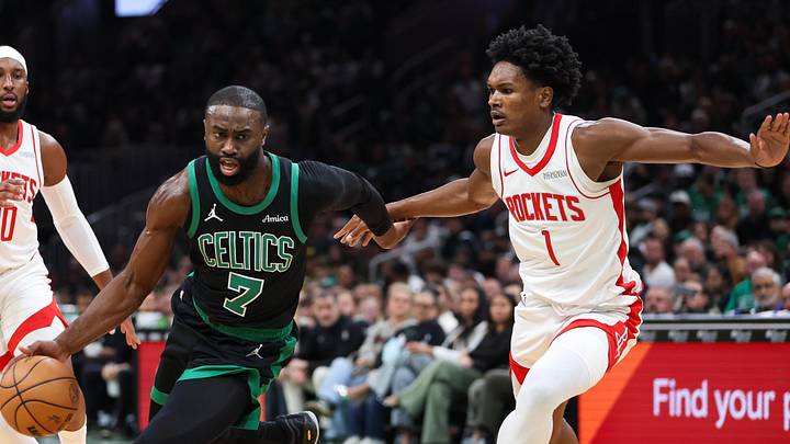 Nov 1, 2025; Boston, Massachusetts, USA; Boston Celtics forward Jaylen Brown (7) drives to the basket during the first half against the Houston Rockets at TD Garden. Mandatory Credit: Paul Rutherford-Imagn Images
