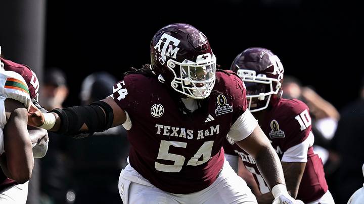 Texas A&M Aggies offensive lineman Mark Nabou Jr. (54) blocks during the second half against the Miami Hurricanes at Kyle Field. Texas A&M Aggies offensive lineman Mark Nabou Jr. (54) blocks during the second half against the Miami Hurricanes at Kyle Field.