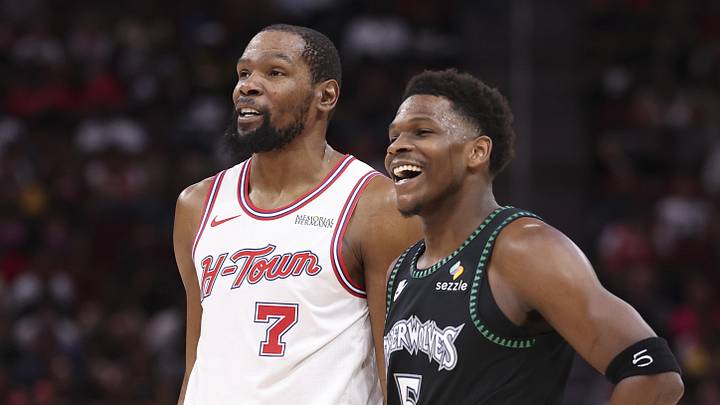 Apr 10, 2026; Houston, Texas, USA; Houston Rockets forward Kevin Durant (7) talks with Minnesota Timberwolves guard Anthony Edwards (5) during the third quarter at Toyota Center. Mandatory Credit: Troy Taormina-Imagn Images Apr 10, 2026; Houston, Texas, USA; Houston Rockets forward Kevin Durant (7) talks with Minnesota Timberwolves guard Anthony Edwards (5) during the third quarter at Toyota Center. Mandatory Credit: Troy Taormina-Imagn Images