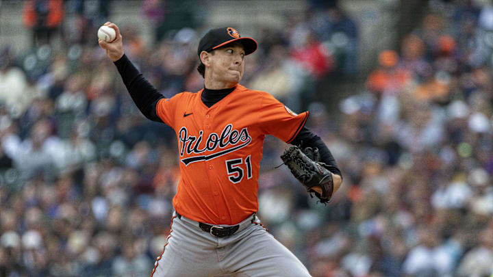 Apr 26, 2025; Detroit, Michigan, USA; Baltimore Orioles pitcher Matt Bowman (51) delivers in the fifth inning against the Detroit Tigers during game one of a double header at Comerica Park. Mandatory Credit: David Reginek-Imagn Images