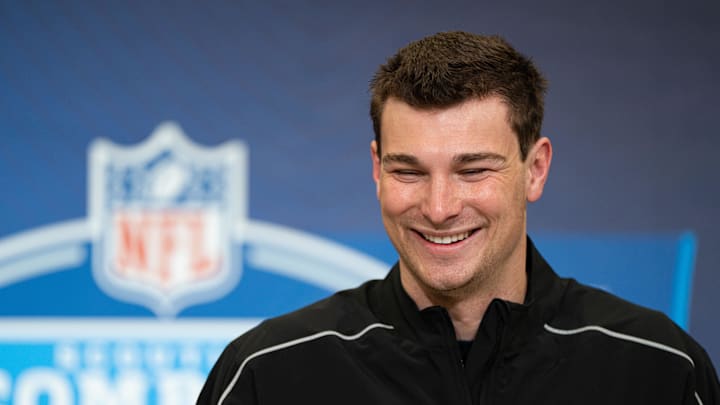 Feb 27, 2026; Indianapolis, IN, USA; Indiana quarterback Fernando Mendoza (QB11) speaks to members of the media during the NFL Combine at the Indiana Convention Center. Mandatory Credit: Jacob Musselman-Imagn Images