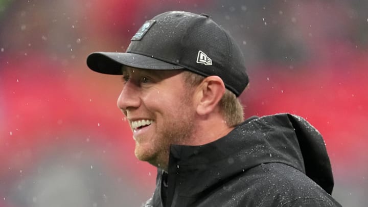 Oct 19, 2025; London, United Kingdom; Jacksonville Jaguars head coach Liam Coen looks on during warmups before a NFL International Series game between the Los Angeles Rams and the Jacksonville Jaguars at Wembley Stadium. Mandatory Credit: Kirby Lee-Imagn Images