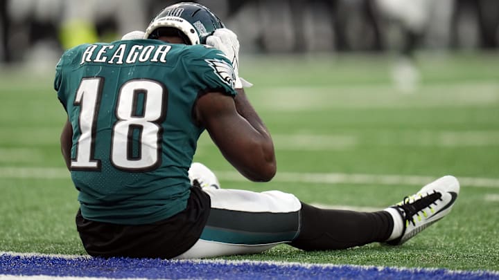 Philadelphia Eagles wide receiver Jalen Reagor (18) reacts after dropping a pass in the end zone late in the fourth quarter.