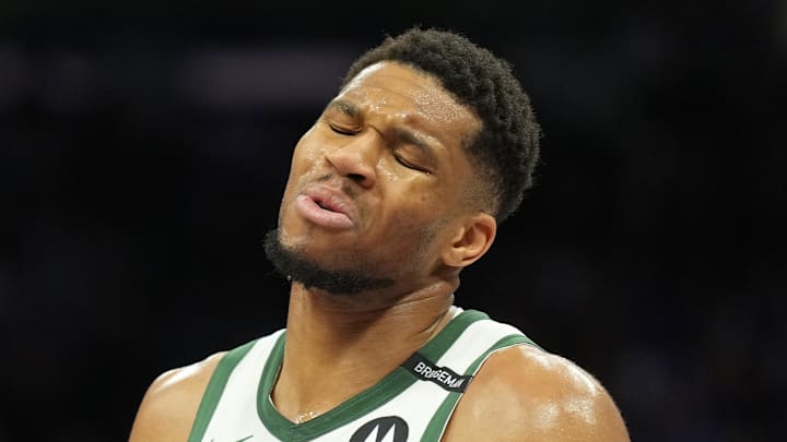 Mar 22, 2025; Sacramento, California, USA; Milwaukee Bucks forward Giannis Antetokounmpo (34) reacts during the third quarter against the Sacramento Kings at Golden 1 Center. Mandatory Credit: Darren Yamashita-Imagn Images