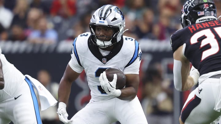 Carolina Panthers running back Raheem Blackshear runs with the ball during the game against the Houston Texans Carolina Panthers running back Raheem Blackshear runs with the ball during the game against the Houston Texans