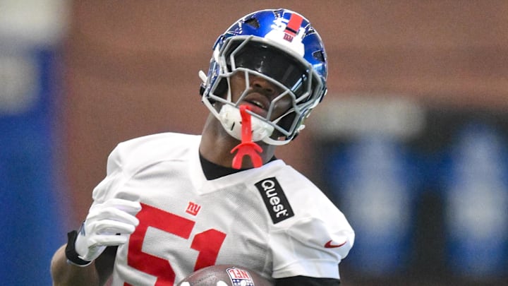 Jun 17, 2025; East Rutherford, NJ, USA; New York Giants linebacker Abdul Carter (51) participates in a drill during minicamp at Quest Diagnostics Training Center.  