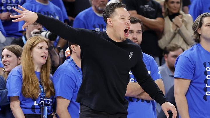 May 30, 2026; Oklahoma City, Oklahoma, USA; San Antonio Spurs head coach Mitch Johnson reacts in the fourth quarter against the Oklahoma City Thunder during game seven of the western conference finals for the 2026 NBA playoffs at Paycom Center. Mandatory Credit: Alonzo Adams-Imagn Images