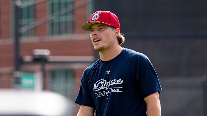 Columbus Clippers’s Travis Bazzana reacts during practice at Huntington Park on Wednesday, March 25, 2026 in Columbus, Ohio.
