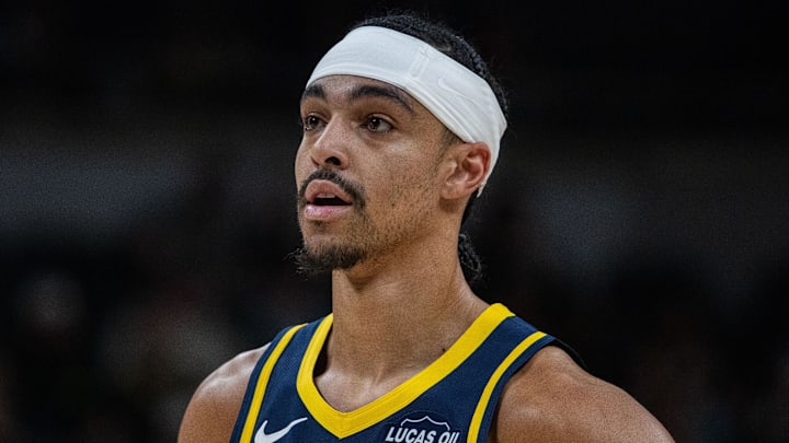 Indiana Pacers guard Andrew Nembhard (2) in the first half against the Charlotte Hornets at Gainbridge Fieldhouse.
