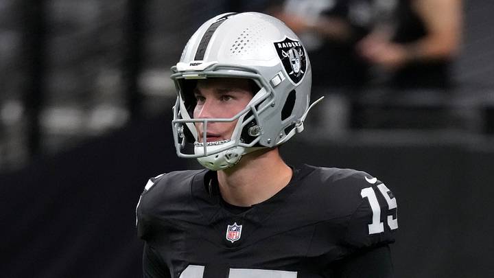 Aug 13, 2026; Paradise, Nevada, USA; Las Vegas Raiders quarterback Fernando Mendoza (15) during the game against the Arizona Cardinals at Allegiant Stadium. Mandatory Credit: Kirby Lee-Imagn Images