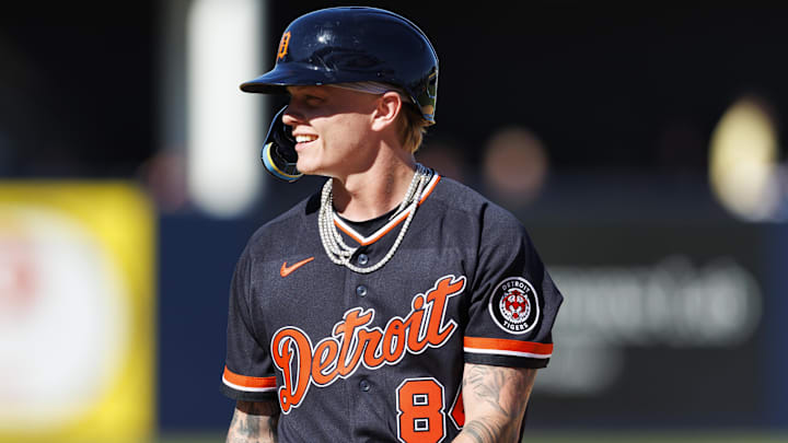 Feb 21, 2026; Tampa, Florida, USA; Detroit Tigers outfielder Max Clark (84) reacts after a hit against the New York Yankees during the seventh inning in a Spring Training game at George M. Steinbrenner Field. Mandatory Credit: Morgan Tencza-Imagn Images