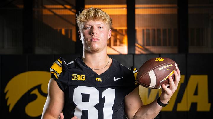 Iowa tight end DJ Vonnahme (81) stands for a portrait during Hawkeye football media day, Friday, Aug. 14, 2026, in Iowa City.