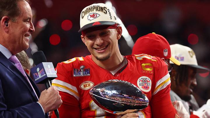 Feb 11, 2024; Paradise, Nevada, USA; Kansas City Chiefs quarterback Patrick Mahomes (15) celebrates with the Vince Lombardi Trophy after defeating the San Francisco 49ers in Super Bowl LVIII at Allegiant Stadium. Mandatory Credit: Mark J. Rebilas-USA TODAY Sports Feb 11, 2024; Paradise, Nevada, USA; Kansas City Chiefs quarterback Patrick Mahomes (15) celebrates with the Vince Lombardi Trophy after defeating the San Francisco 49ers in Super Bowl LVIII at Allegiant Stadium. Mandatory Credit: Mark J. Rebilas-USA TODAY Sports