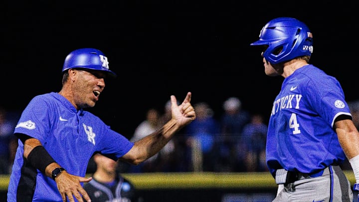 Jun 2, 2024; Lexington, KY, USA; Kentucky Wildcats head coach Nick Mingione celebrates with infielder Émilien Pitre (4) after he hits a home run during the sixth inning against the Indiana State Sycamores at Kentucky Proud Park. Mandatory Credit: Jordan Prather-Imagn Images