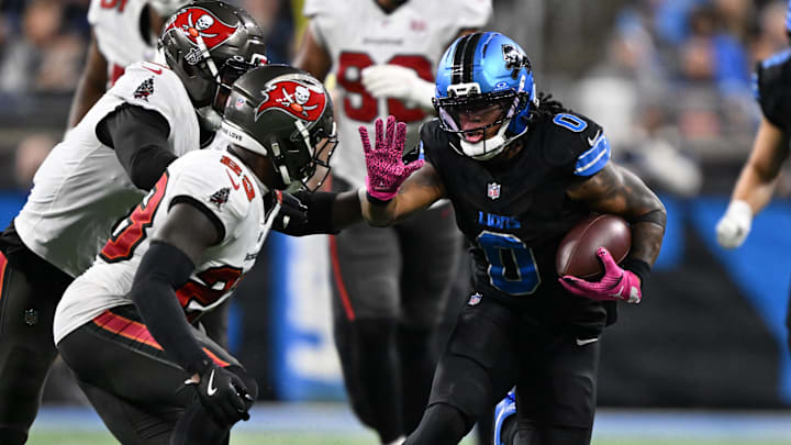 Lions running back Jahmyr Gibbs rushed for 136 yards and two touchdowns in Detroit's win over Tampa Bay.