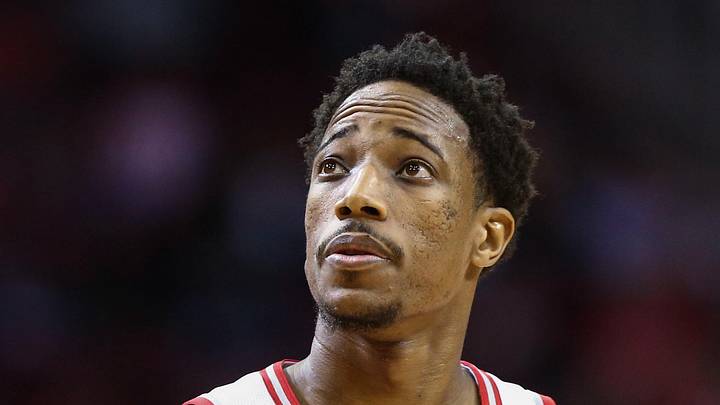 Nov 14, 2017; Houston, TX, USA; Toronto Raptors guard DeMar DeRozan (10) reacts after a play during the game against the Houston Rockets at Toyota Center. Mandatory Credit: Troy Taormina-Imagn Images