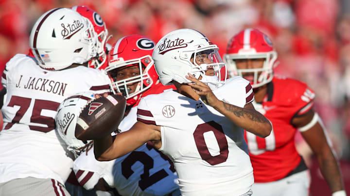 Mississippi State Bulldogs quarterback Michael Van Buren Jr. (0) throws a pass against the Georgia Bulldogs in the second quarter at Sanford Stadium.