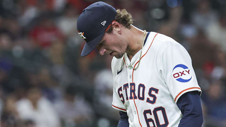 Apr 16, 2024; Houston, Texas, USA; Houston Astros relief pitcher Forrest Whitley (60) walks off the mound after pitching during the ninth inning against the Atlanta Braves at Minute Maid Park