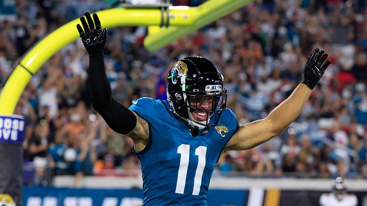 Jacksonville Jaguars wide receiver Parker Washington (11) reacts to his touchdown score during the second quarter of a preseason NFL football game Saturday, Aug. 17, 2024 at EverBank Stadium in Jacksonville, Fla. [Corey Perrine/Florida Times-Union]