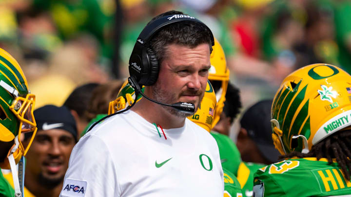 Oregon head coach Dan Lanning looks on as the Oregon Ducks host the Montana State Bobcats on Aug. 30, 2025, at Autzen Stadium in Eugene, Oregon. Oregon head coach Dan Lanning looks on as the Oregon Ducks host the Montana State Bobcats on Aug. 30, 2025, at Autzen Stadium in Eugene, Oregon.