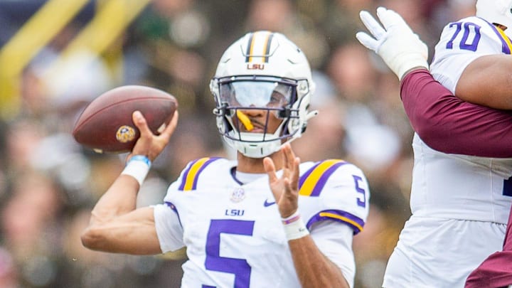 Quarterback Jayden Daniels 5 as the LSU Tigers take on Texas A&M in Tiger Stadium in Baton Rouge, Louisiana, November 25, 2023.