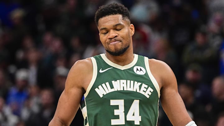 Milwaukee Bucks forward Giannis Antetokounmpo (34) reacts  (Mandatory Credit: Benny Sieu-Imagn Images)