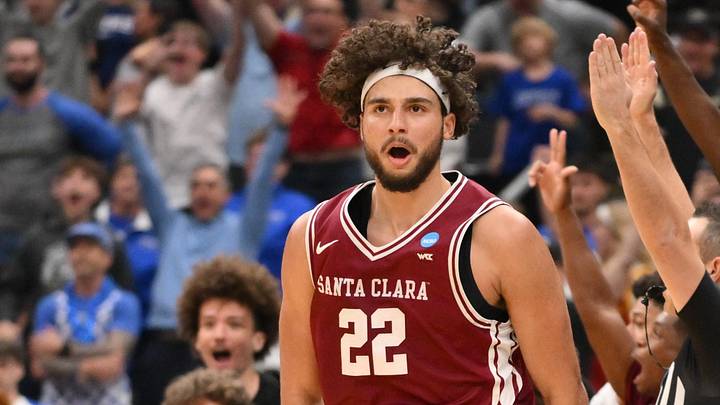 Mar 20, 2026; St. Louis, MO, USA; Santa Clara Broncos forward Allen Graves (22) reacts after making a basket against the Kentucky Wildcats during the second half of a first round game of the men's 2026 NCAA Tournament at Enterprise Center. Mandatory Credit: Jeff Curry-Imagn Images