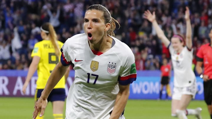 Jun 20, 2019; Le Havre, FRANCE; United States forward Tobin Heath (17) celebrates after scoring a goal against Sweden during the second half in group stage play in the FIFA Women's World Cup France 2019 at Stade Oceane. 