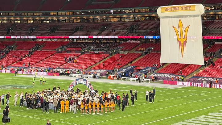 ASU gathers around the trophy stage at Wembley Stadium, following their 24-17 win over Kansas in the first-ever Union Jack Classic ASU gathers around the trophy stage at Wembley Stadium, following their 24-17 win over Kansas in the first-ever Union Jack Classic