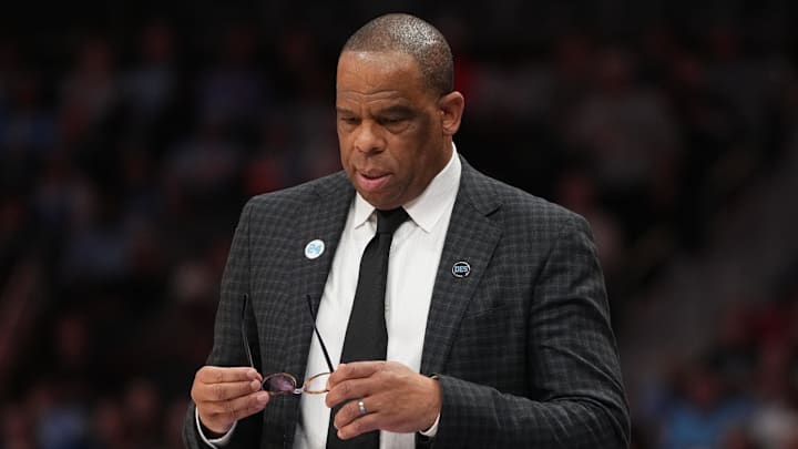 Mar 12, 2026; Charlotte, NC, USA; North Carolina Tar Heels head coach Hubert Davis reacts in the first half at Spectrum Center. Mandatory Credit: Bob Donnan-Imagn Images
