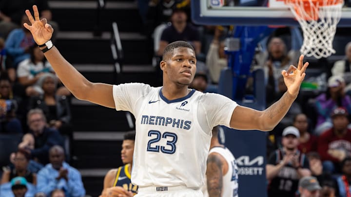 Oct 25, 2025; Memphis, Tennessee, USA; Memphis Grizzlies forward Cedric Coward (23) reacts after a three point basket against the Indiana Pacers during the second half at FedExForum. Mandatory Credit: Wesley Hale-Imagn Images Oct 25, 2025; Memphis, Tennessee, USA; Memphis Grizzlies forward Cedric Coward (23) reacts after a three point basket against the Indiana Pacers during the second half at FedExForum. Mandatory Credit: Wesley Hale-Imagn Images