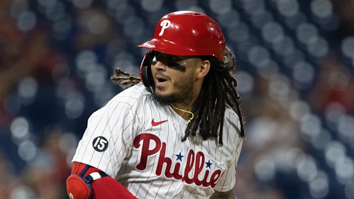 Sep 21, 2021; Philadelphia, Pennsylvania, USA; Philadelphia Phillies shortstop Freddy Galvis (8) reacts after hitting a single against the Baltimore Orioles during the seventh inning at Citizens Bank Park. 