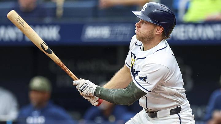 May 17, 2026; St. Petersburg, Florida, USA; Tampa Bay Rays shortstop Taylor Walls (6) hits a three rbi triple against the Miami Marlins in the fourth inning at Tropicana Field. May 17, 2026; St. Petersburg, Florida, USA; Tampa Bay Rays shortstop Taylor Walls (6) hits a three rbi triple against the Miami Marlins in the fourth inning at Tropicana Field.