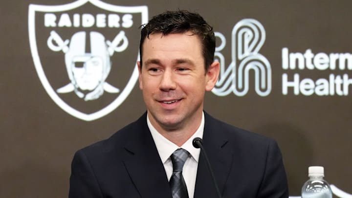 Feb 10, 2026; Henderson, NV, USA; Las Vegas Raiders coach Klint Kubiak speaks at introductory press conference at Intermountain Health Performance Center. Mandatory Credit: Kirby Lee-Imagn Images Feb 10, 2026; Henderson, NV, USA; Las Vegas Raiders coach Klint Kubiak speaks at introductory press conference at Intermountain Health Performance Center. Mandatory Credit: Kirby Lee-Imagn Images