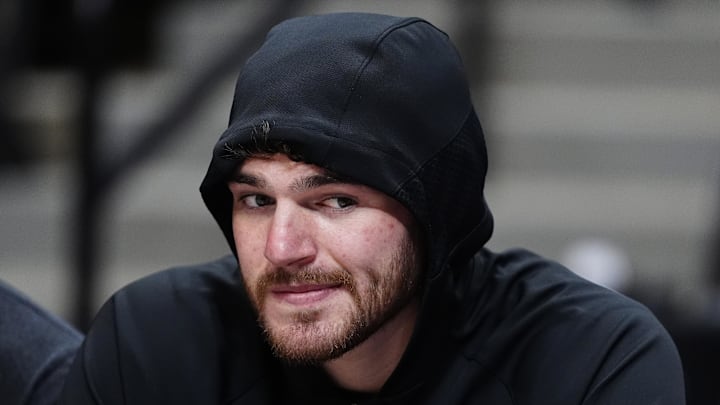 Mar 22, 2026; Denver, Colorado, USA; Portland Trail Blazers center Donovan Clingan (23) before the game against the Denver Nuggets at Ball Arena. Mandatory Credit: Ron Chenoy-Imagn Images